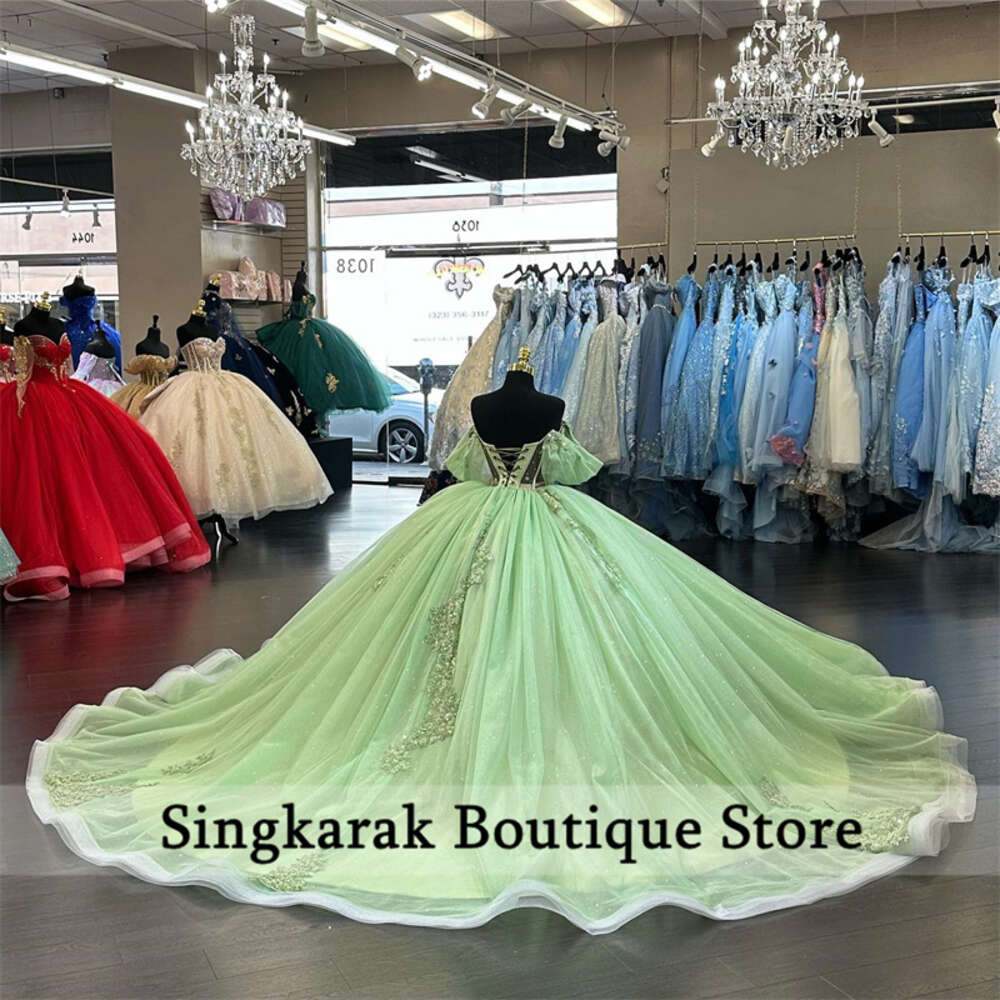 Green Sage Princess Quinceanera Dresses Lace Applique Beaded Ball Gown Off Shoulder Crystals Birthday Prom Vestido Court Train