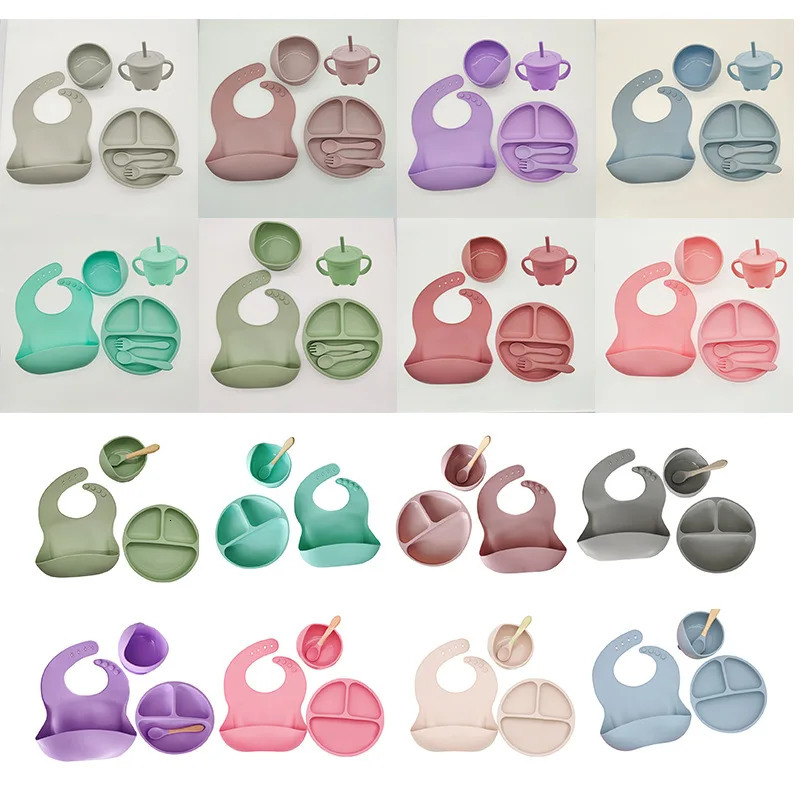 Childrens Tableware Set Baby Complementary Food Training Silicone Tableware 8pce Set Baby Suction Cups Bowls Baby Supplies 240510