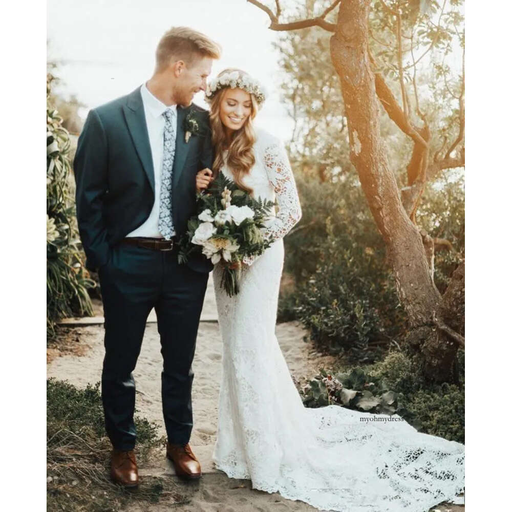 Beach Full Lace Dresses Long Sleeves Boho Plus Size Sweep Train Bohemian Wedding Dress Country Bridal Gowns Vestidos De Novia 155 0510