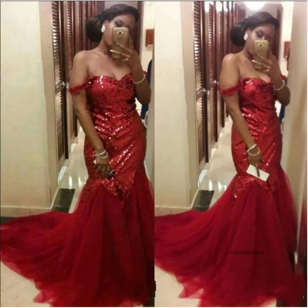 Sparkly Red Sequin Mermaid Prom Sexy Gowns Long Evening Party Off The Shoulder Graduation Dresses Tulle Train 0510
