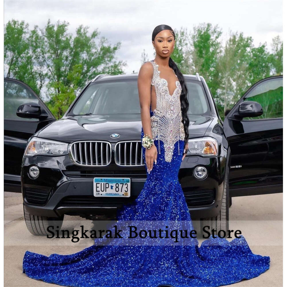 Sparkly Royal Blue Dias Long Prom Dress For Black Girls Rhies Sequined special Dresses Beaded Birthday Party Gowns