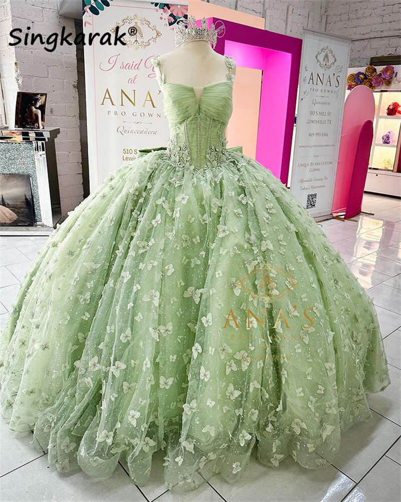 Sage Green Princess Ball Gown Quinceanera Dresses With Bow Beaded Butterfly Appliques Sequins Crystals Sweet 16 Dress Vestidos 6660306