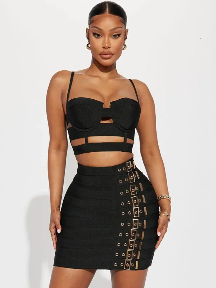 Women Celebrity Sexy Cut Out Mental Black White Mini Bodycon Bandage Skirt Set Elegant Evening Birthday Club Party Outfits 240510wtt