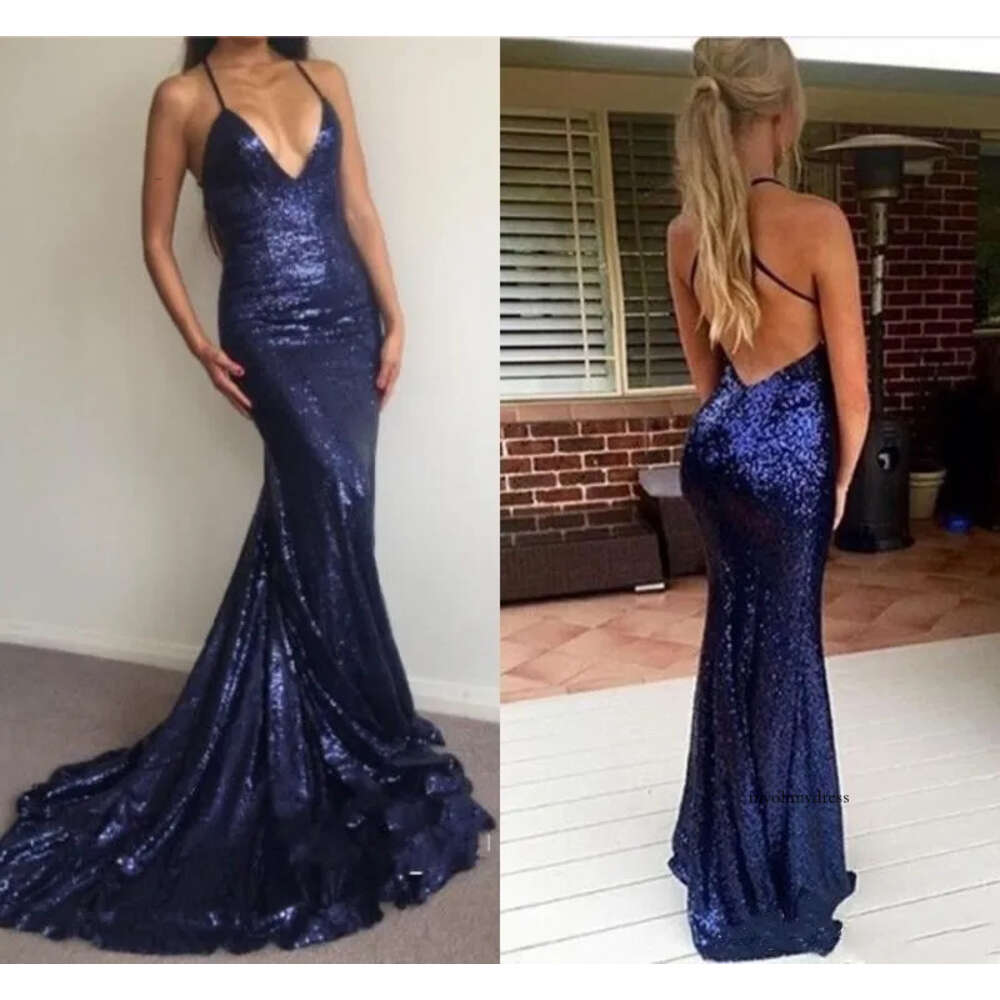 Sexy Spaghetti Mermaid Deep V-Neck Backless Party Dresses Sleeveless Sequined Farmal Evening Gowns Plus Size Prom Dress 0510