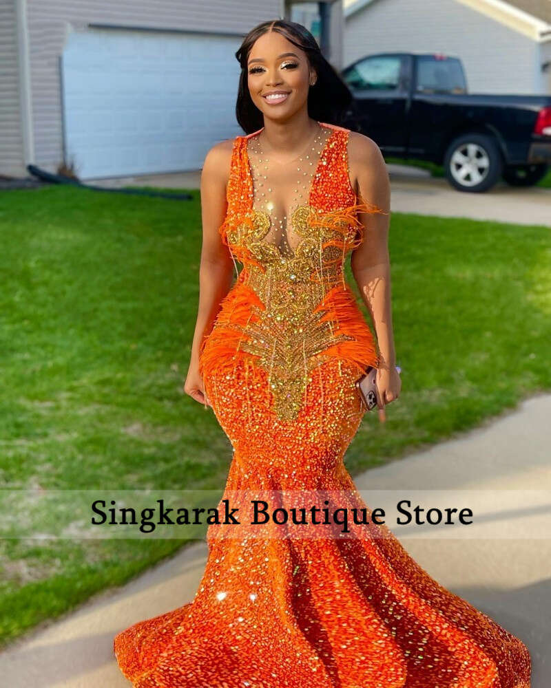Golden Dias Orange Prom Dress 2023 Sparkly Beads Crystal Rhies Feathers Sequins Birthay Party Gown Robe De Bal