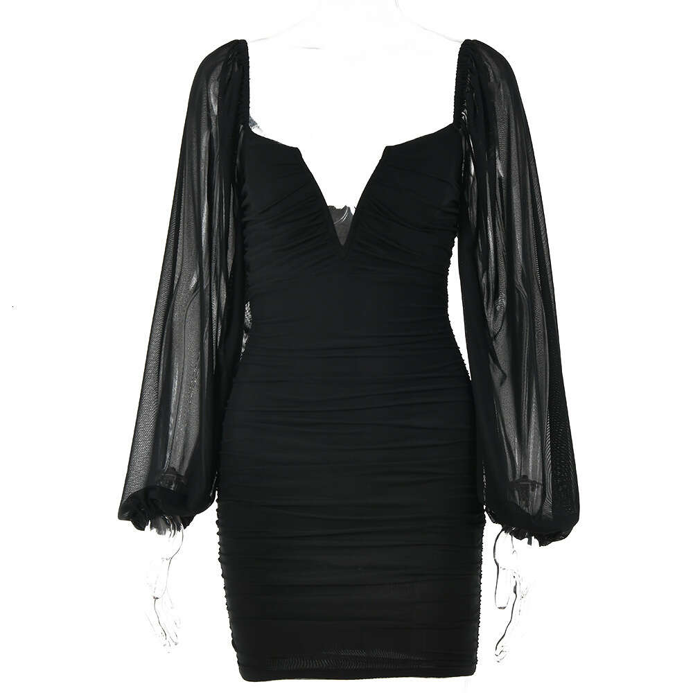 Fashionable and Sexy Women's Style V-neck Short Skirt 2022 Summer New Mesh Long Sleeve Backless Dress Women F51052
