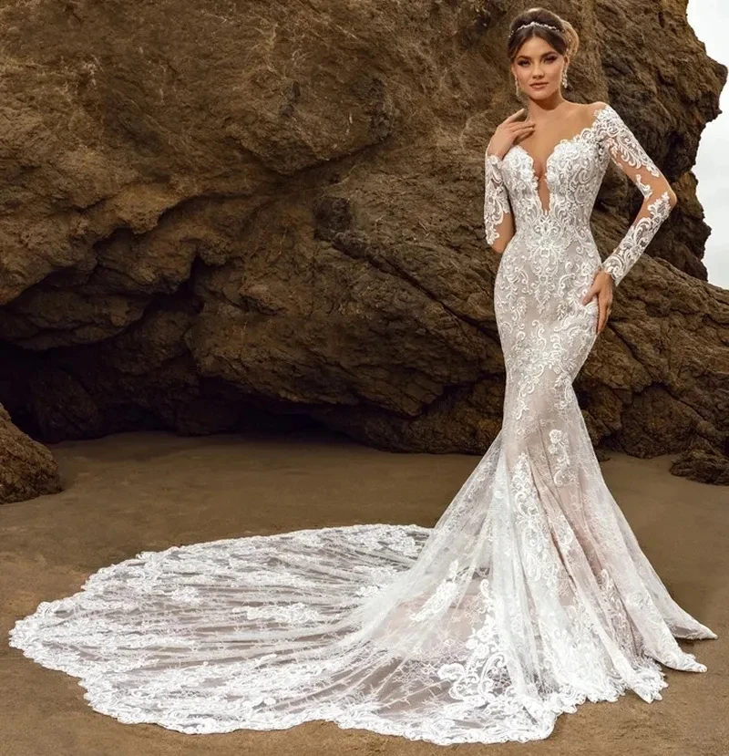 Long Sleeves Beach Boho Lace Mermaid Wedding Dresses Bridal Gowns Sheer V-Neck Chapel Train Summer Vestido De Novia