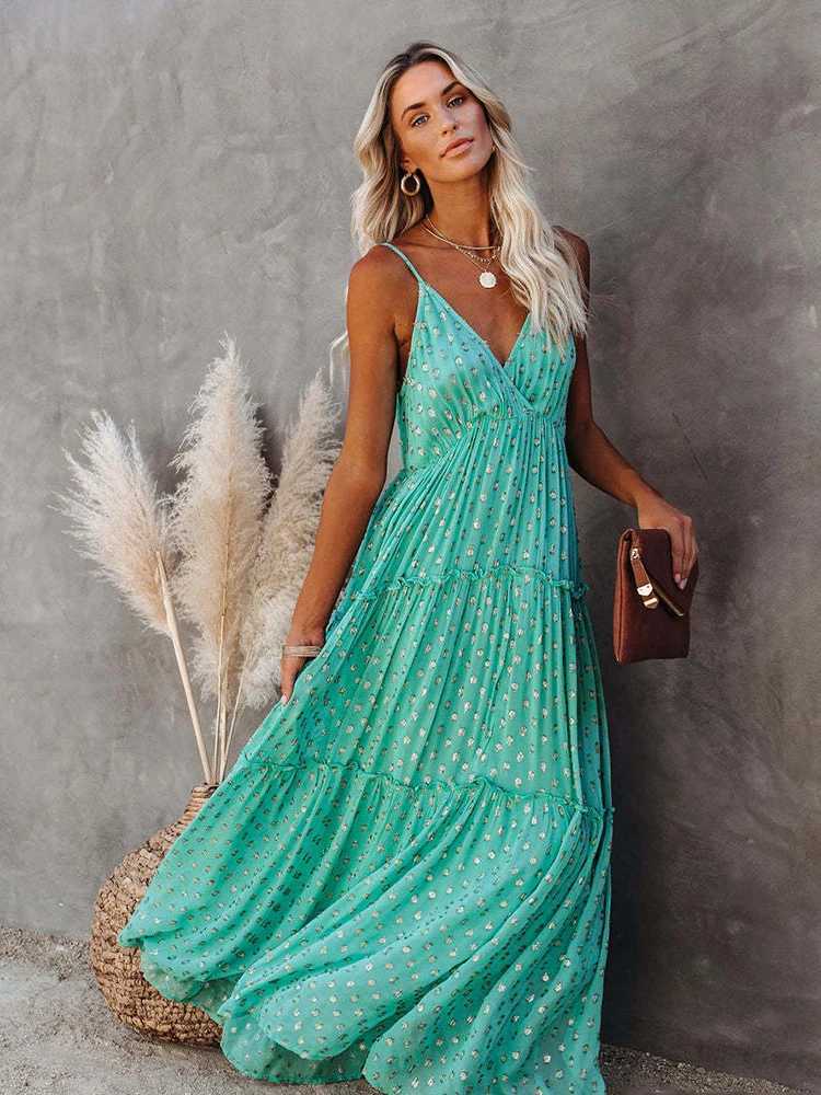 Basic Casual Dresses Fitshinling V Neck Boho Summer Long Dress Holiday Beach Pareo Spaghetti Strap Sexy Maxi Dresses Women Clothing Bohemian Vestidos 