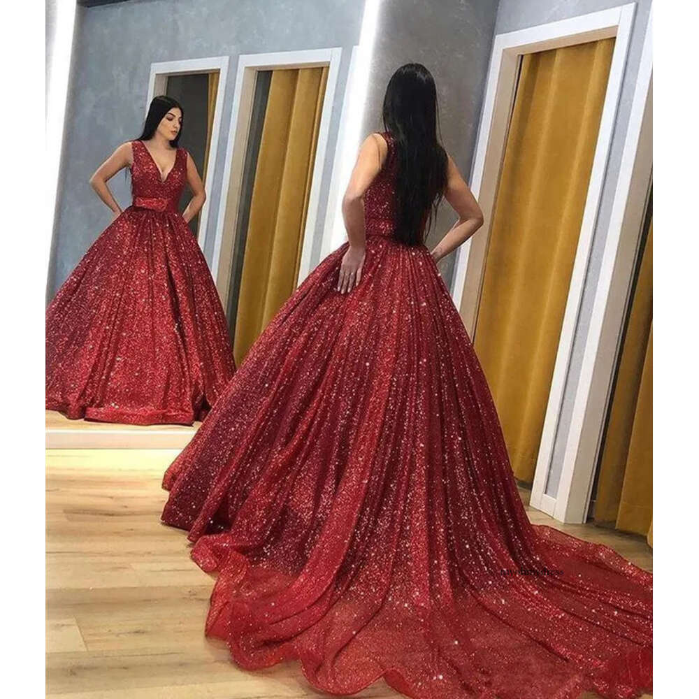 Red Prom Bling Sequined Ball Gown Quinceanera Pageant Evening Gowns Deep V Neck Court Train Sweet 16 Dresses 86 0510