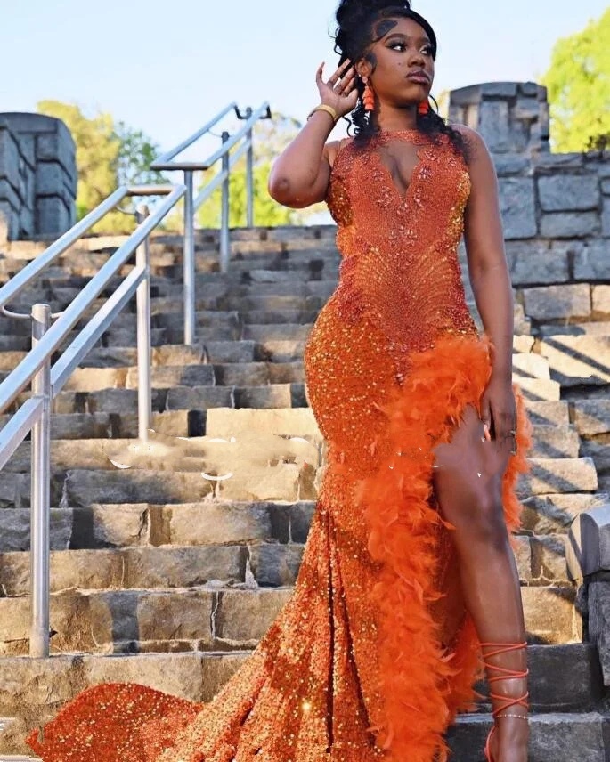 Orange African Evening Reception Dresses for Women Sparkly Dia Feather Veet Slit Prom Gown Black Girl