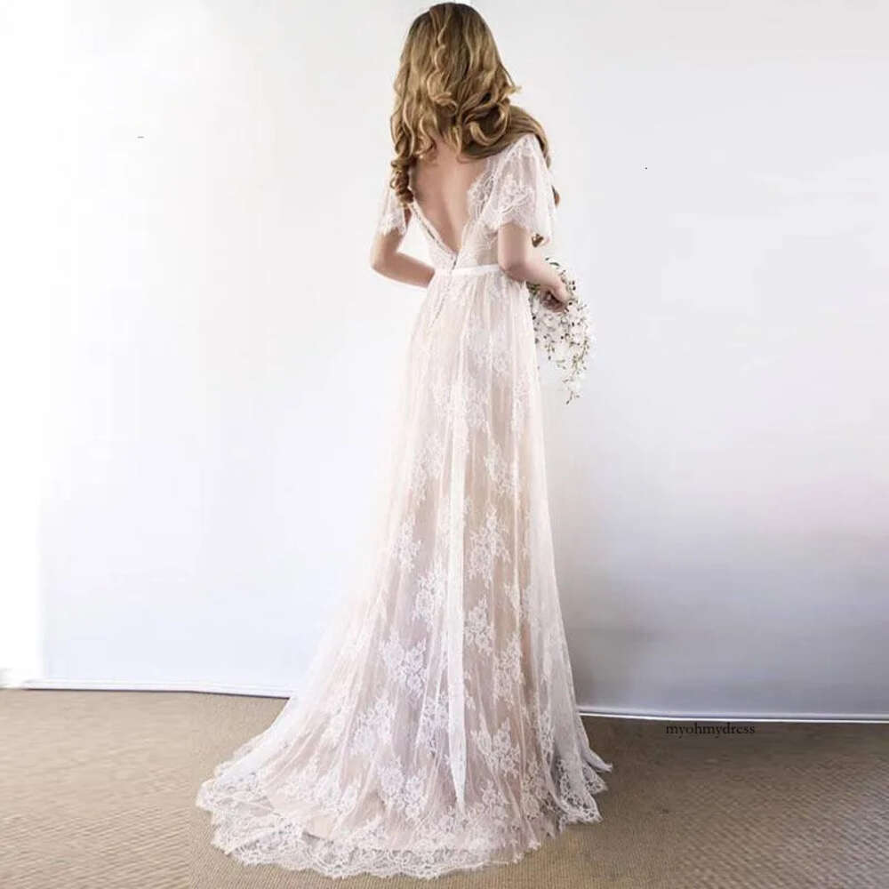 Bohemian Lace A-Line V Neck Bride Dresses Short Sleeves Boho Bridal Beach Wedding Gowns Backless Custom Made 0510