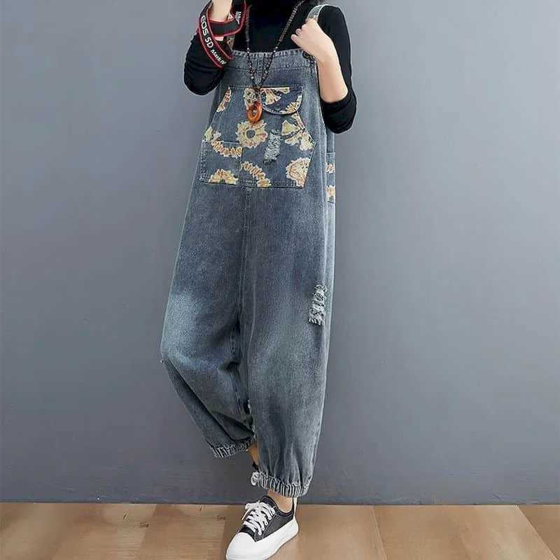 Women's Jumpsuits Rompers Denim Jumpsuits Women Casual Lantern Pants One Piece Outfits Women Rompes Loose Korean Style Vintage Playsuits Women Cl