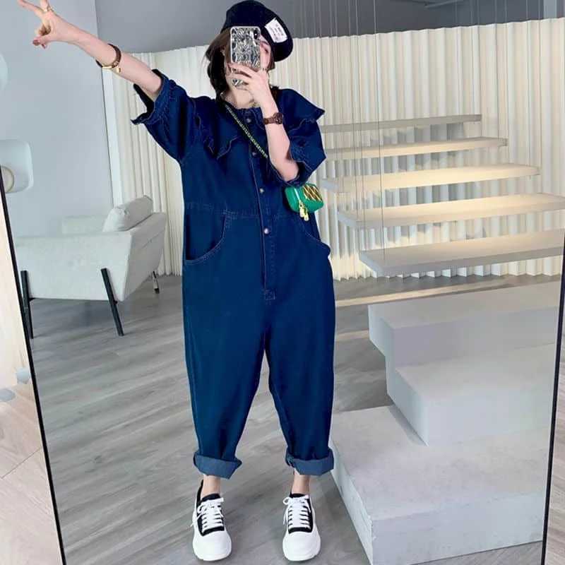 Women's Jumpsuits Rompers Denim Jumpsuits for Women Doll Collar Half Slved Korean Style Overalls Solid Workwear Women Rompers Casual Vintage Play