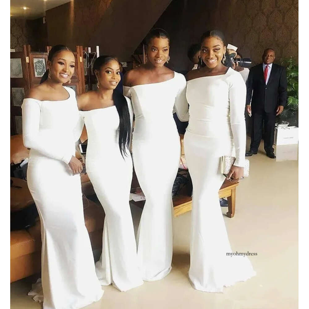 White Mermaid Bridesmaid Dresses Off Shoulder Long Sleeves Floor Length Formal Maid Of Honor Dress For Wedding Party Gowns Vestidos 98 0510