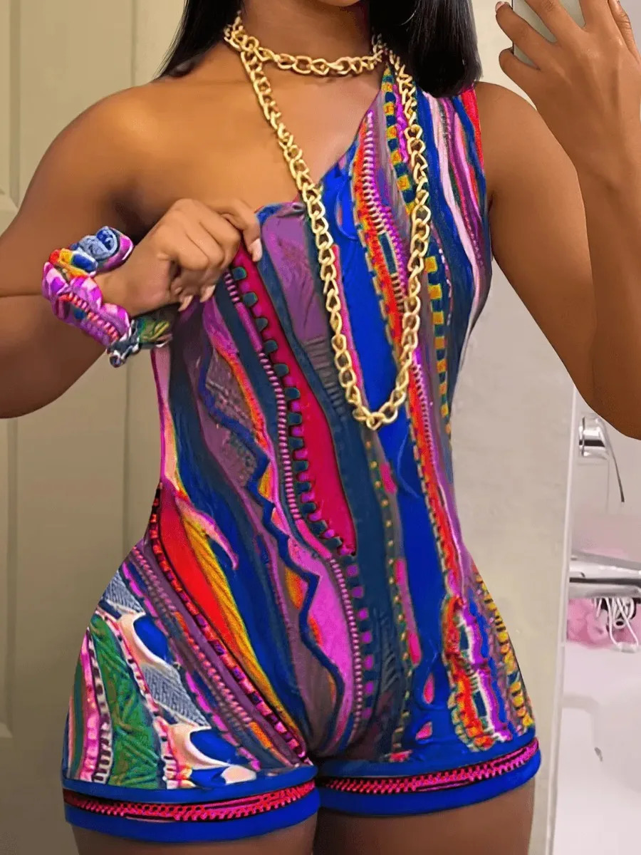 LW Asymmetrical Neck Multicolor Bodysuits One Shoulder Tribal Mixed Print Romper Sleeveless Stretch Slim Pullover Jumpsuits 240423