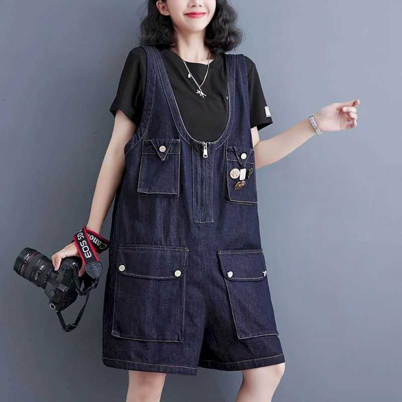 Women's Jumpsuits Rompers Denim Jumpsuits Korean Fashion Playsuits One Piece Outfits Women Clothing Oversized Five-point Shorts Big Pocket Wide L