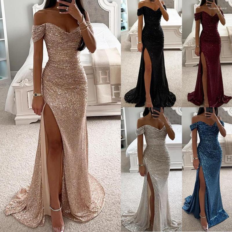 Casual Dresses Sexy Strapless Sequins Evening Prom Dress Chic Off Shoulder High Slits Sparkg Party Maxi Female Bridemaid