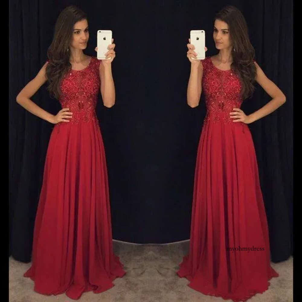 2019 New Elegant Red A-Line Prom Long Jewel Sleeveless Evening Dresses With Beaded Crystal Pageant Gowns 68 0510