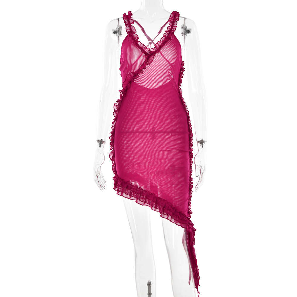 Summer New V-Neck Strap Dress Women's Fashion Sexy Open Back Panel Ruffle Short Skirt F51047