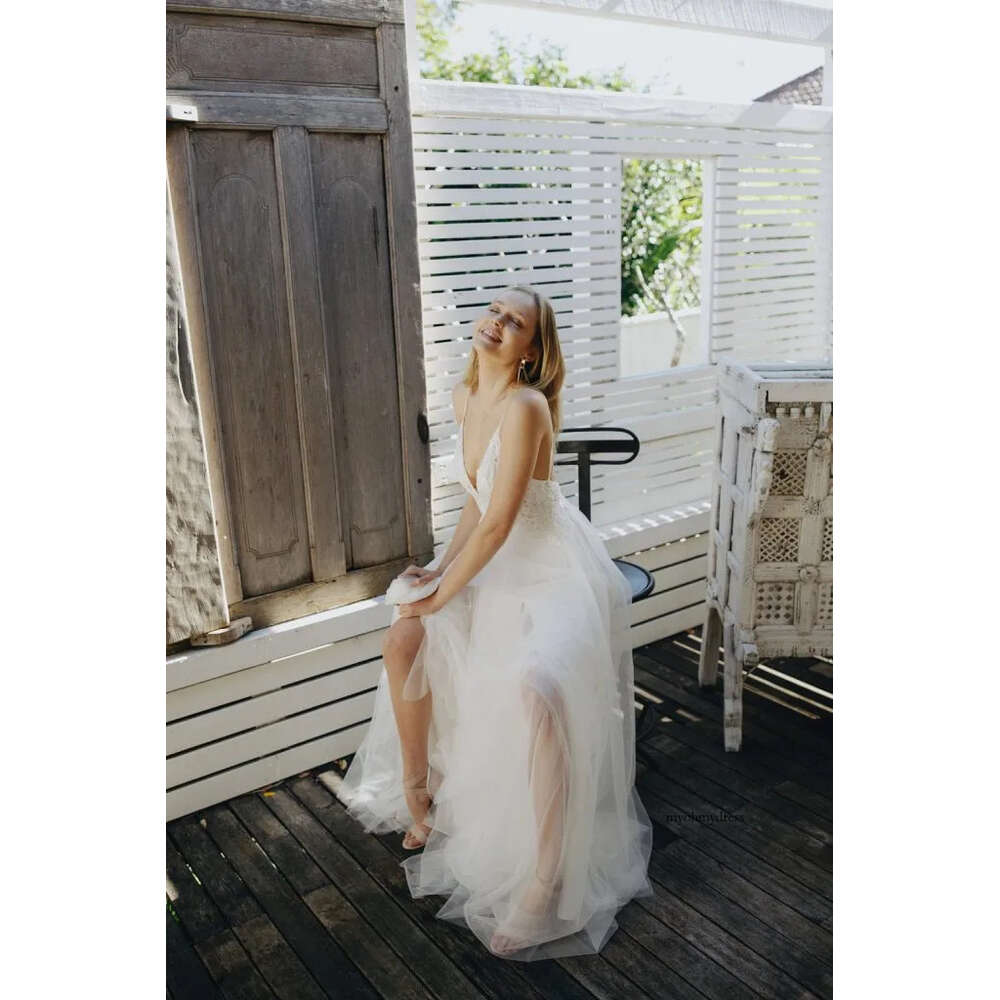 Split Backless Bohemian Sexy V Neck 2019 Beach Lace Bridal Gowns Soft Tulle Wedding Dresses Vestido De Noiva Plus Size 0510