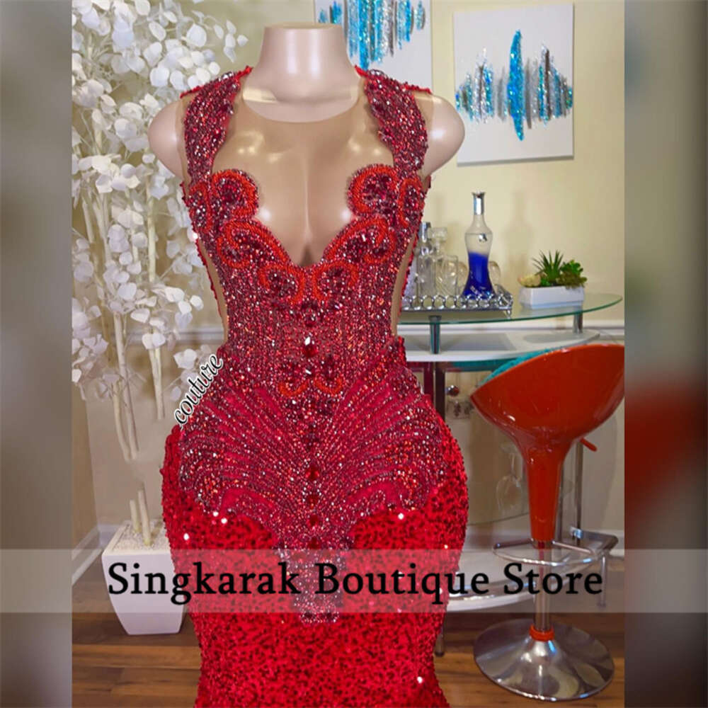 Long Dresses 2024 Red Dias Mermaid Style Sparkly Rhies Crystals Sequin Black Girls Prom Party Formal Gowns 6660306
