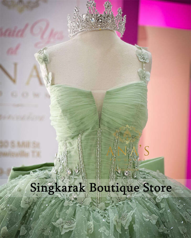 Sage Green Princess Ball Gown Quinceanera Dresses With Bow Beaded Butterfly Appliques Sequins Crystals Sweet 16 Dress Vestidos 6660306