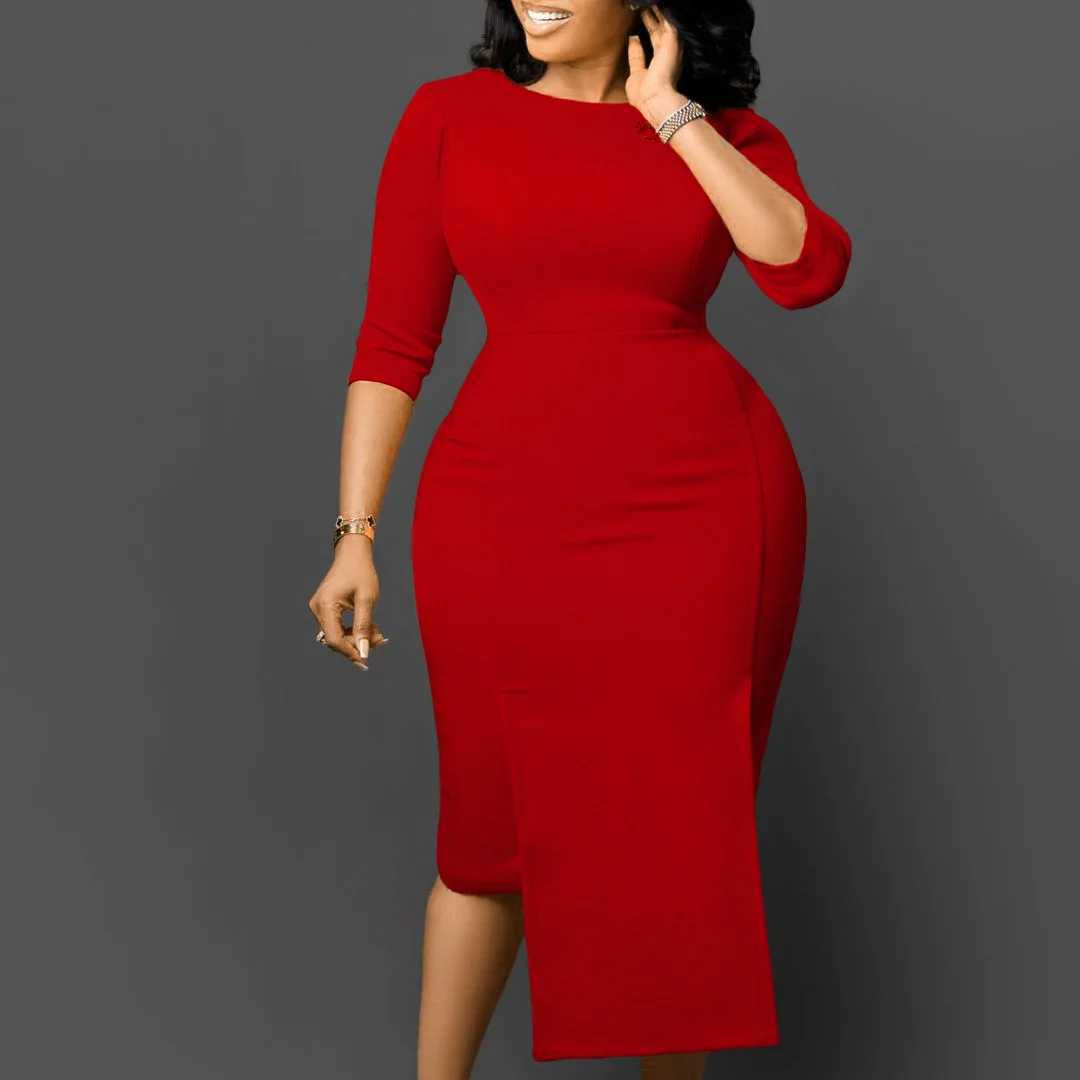 Plus size Dresses New Women Elegant Dress O-neck Half Slve Temperament Dress Kn Length Office Lady Slim Pencil Dress for women Y240510