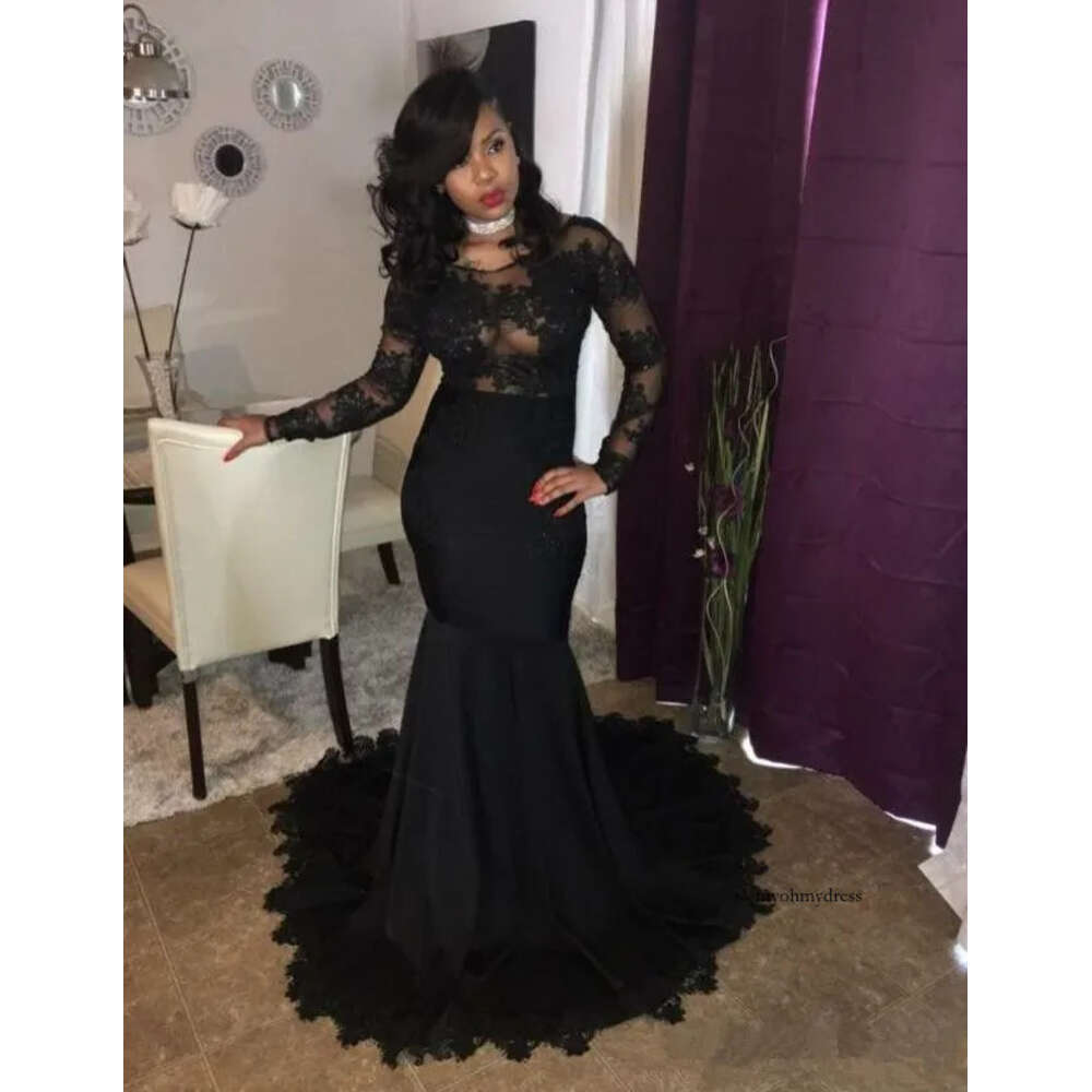 Sexy Mermaid Prom Black Lace Beaded Elegant Sleeves Party Gowns Formal Long Evening Dresses 27 0510