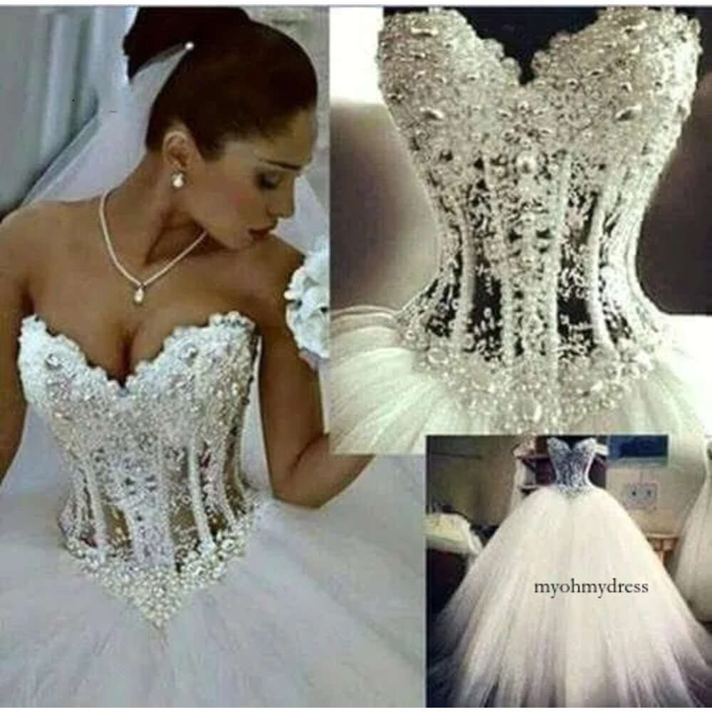 Sheer Ball Dresses Sweetheart Pearls Beaded Dress Tiered Tulle Wedding Gowns Lace Applique Bridal Gown Vestidos De Novia 0510