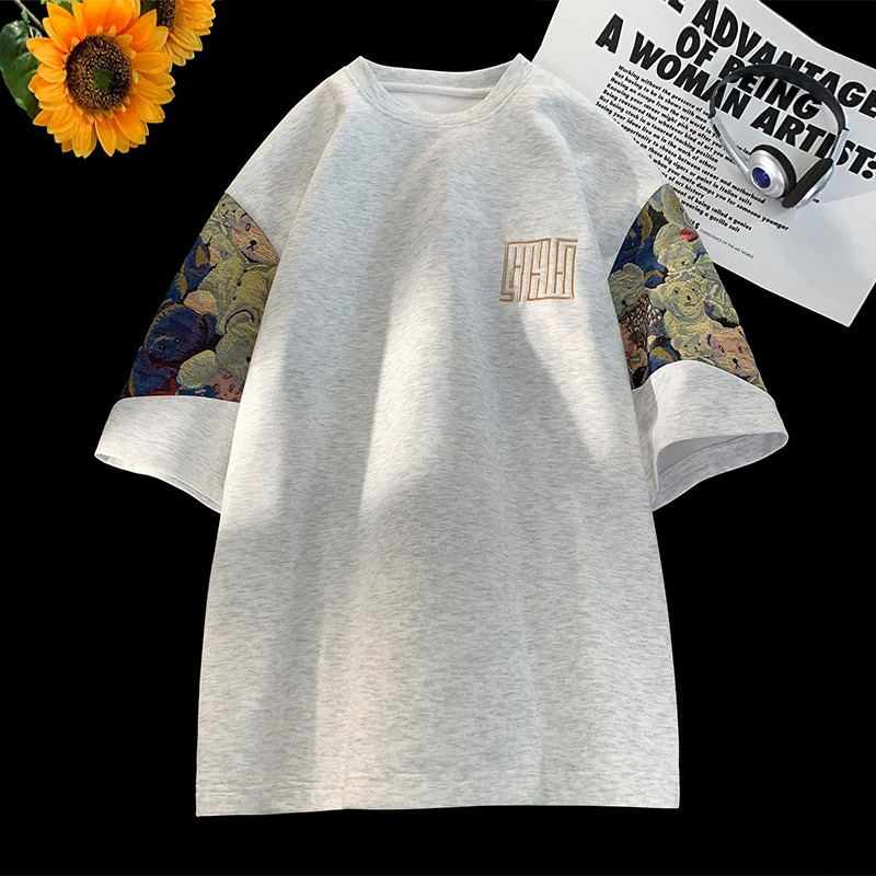 Trendy Bear Embroidery Tshirt Summer Big Size Men Fashion Splicing Tshirts Casual Seven Sleeve Man Women Tee Tops 240509