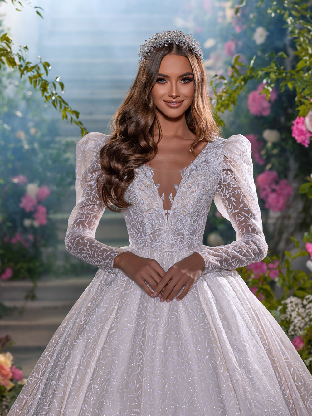 Romantic Floral Prints V-neck Ball Gown Wedding Dress Delicate Beading Sequined Embroidery Lace Full Sleeves Bridal Gowns New Arrival