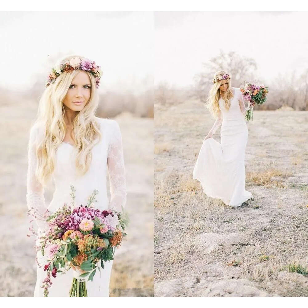 2019 Vintage Bohemian Hippie Wedding Dresses Country Style Long Sleeves Plus Size Sheer Lace Boho Bridal Gowns V Neck Custom Made 0510