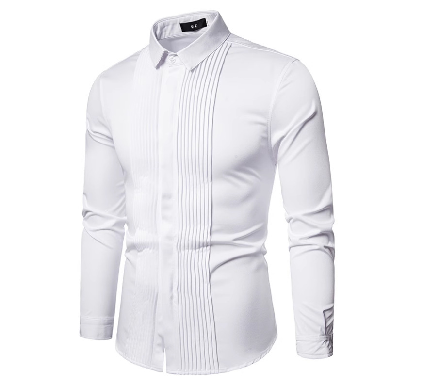 New mens long sleeved shirt British style lapel pleated mens uniform dress shirt bottom shirt 220322