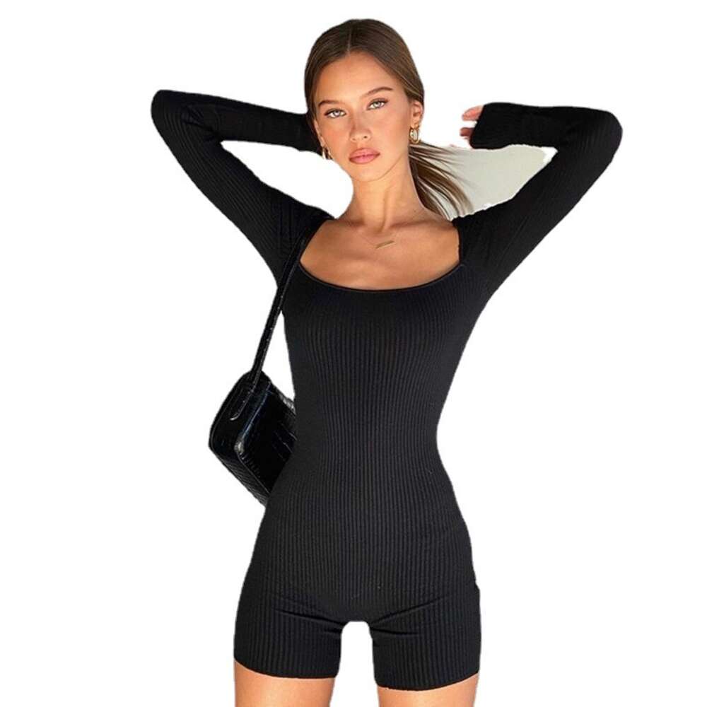 Hot selling women's solid color tight knit sexy slim fitting long sleeved jumpsuit for women F51026