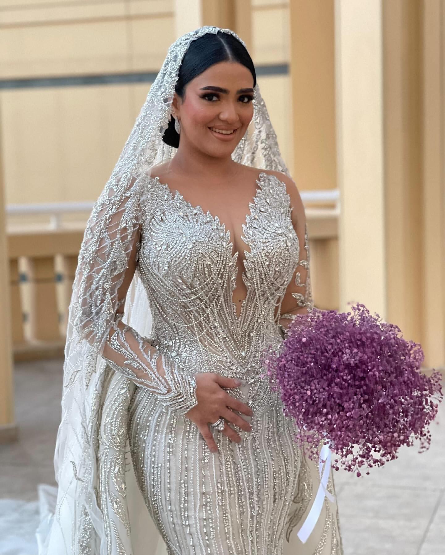 2024 Arabic Aso Ebi Plus Size Arabic Ivory Mermaid Wedding Dress Beaded Crystals Sparkly Bridal Gowns Dresses J222
