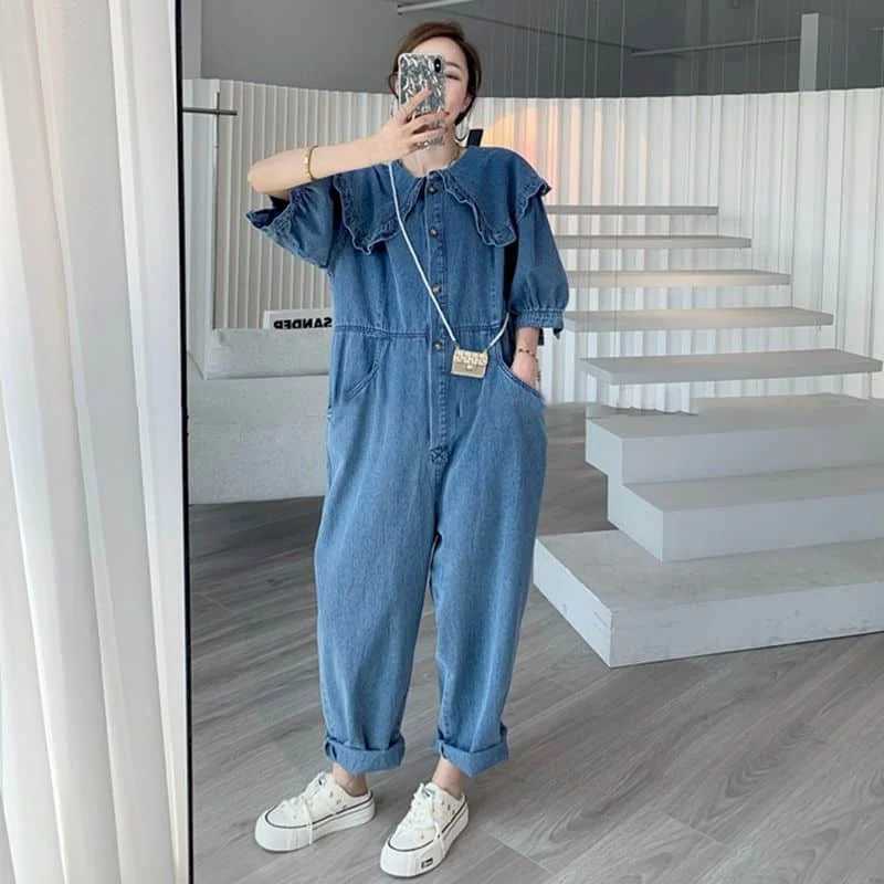 Women's Jumpsuits Rompers Denim Jumpsuits for Women Doll Collar Half Slved Korean Style Overalls Solid Workwear Women Rompers Casual Vintage Play