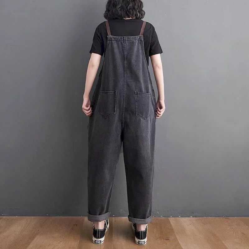 Women's Jumpsuits Rompers Black Denim Jumpsuits for Women Korean Style Solid Playsuit Wide Leg Pants Loose Trousers Oversized Overalls for Women 