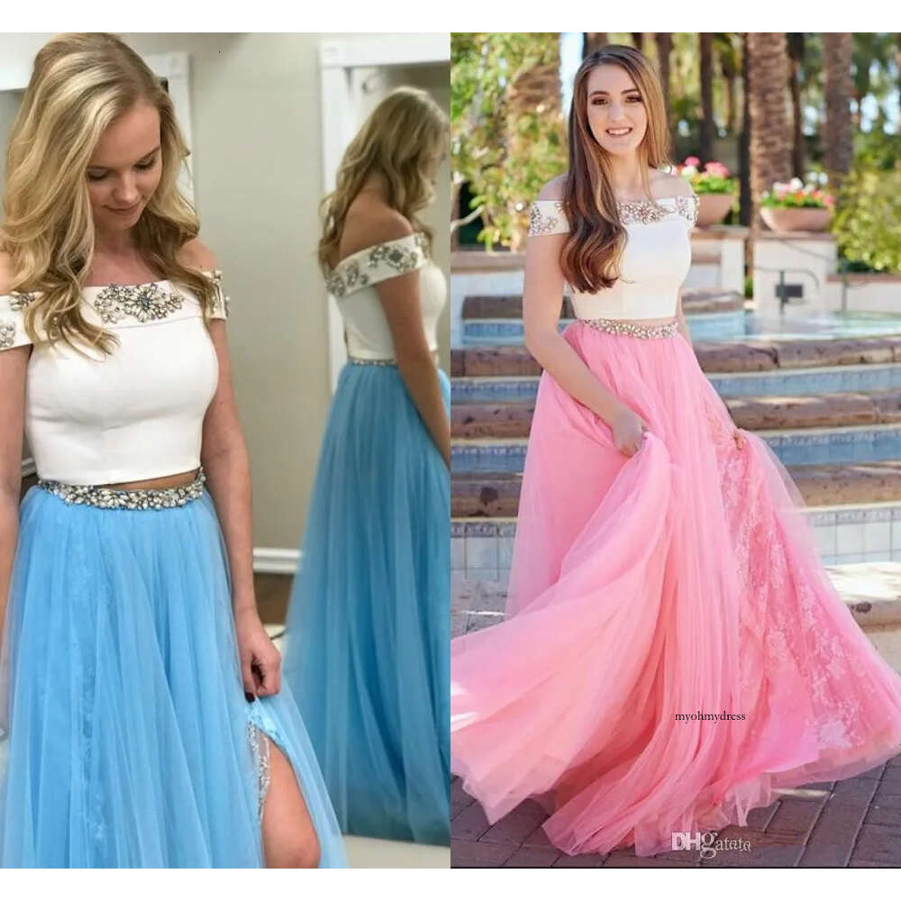 2018 Two Pieces A Line Prom Bateau Off Shoulder Beaded Zipper Backless Floor Length Evening Party Dresses 35 0510