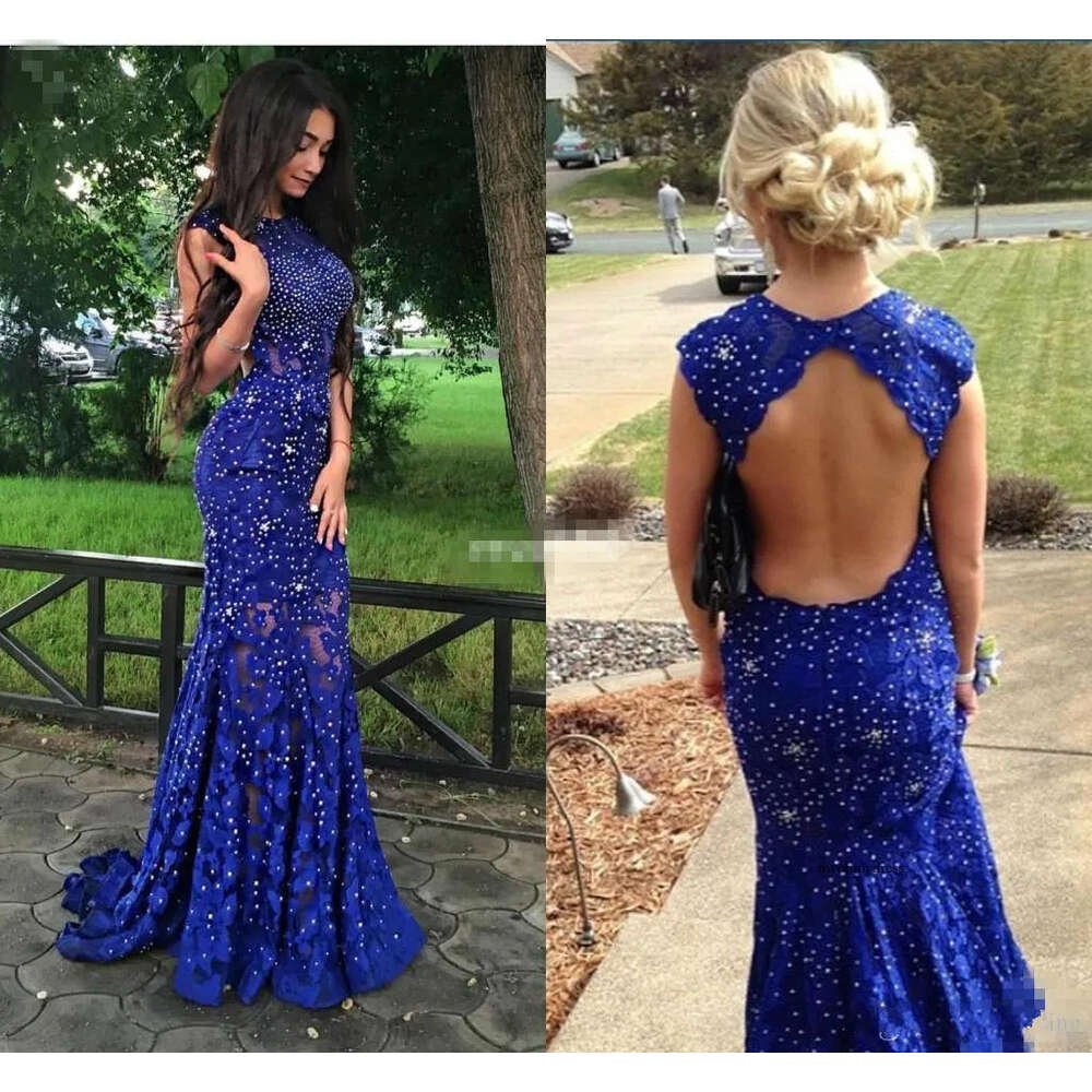 Sparkly Crystal Beaded Backless Lace Evening Elegant Mermaid Blue Party Pageant Dresses Prom Gowns Vestido De Festa Open Back 0510