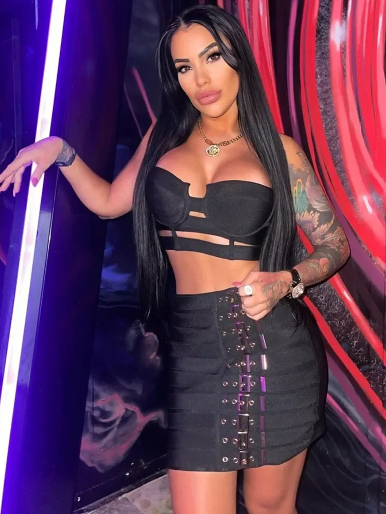 Women Celebrity Sexy Cut Out Mental Black White Mini Bodycon Bandage Skirt Set Elegant Evening Birthday Club Party Outfits 240510wtt