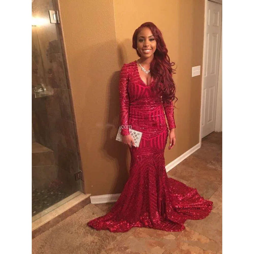 African Girl Simple Sequined Red Prom Dresses Long Sleeve V Neck Mermaid Pageant Dress Formal Evening Party Gowns Custom Made 0510