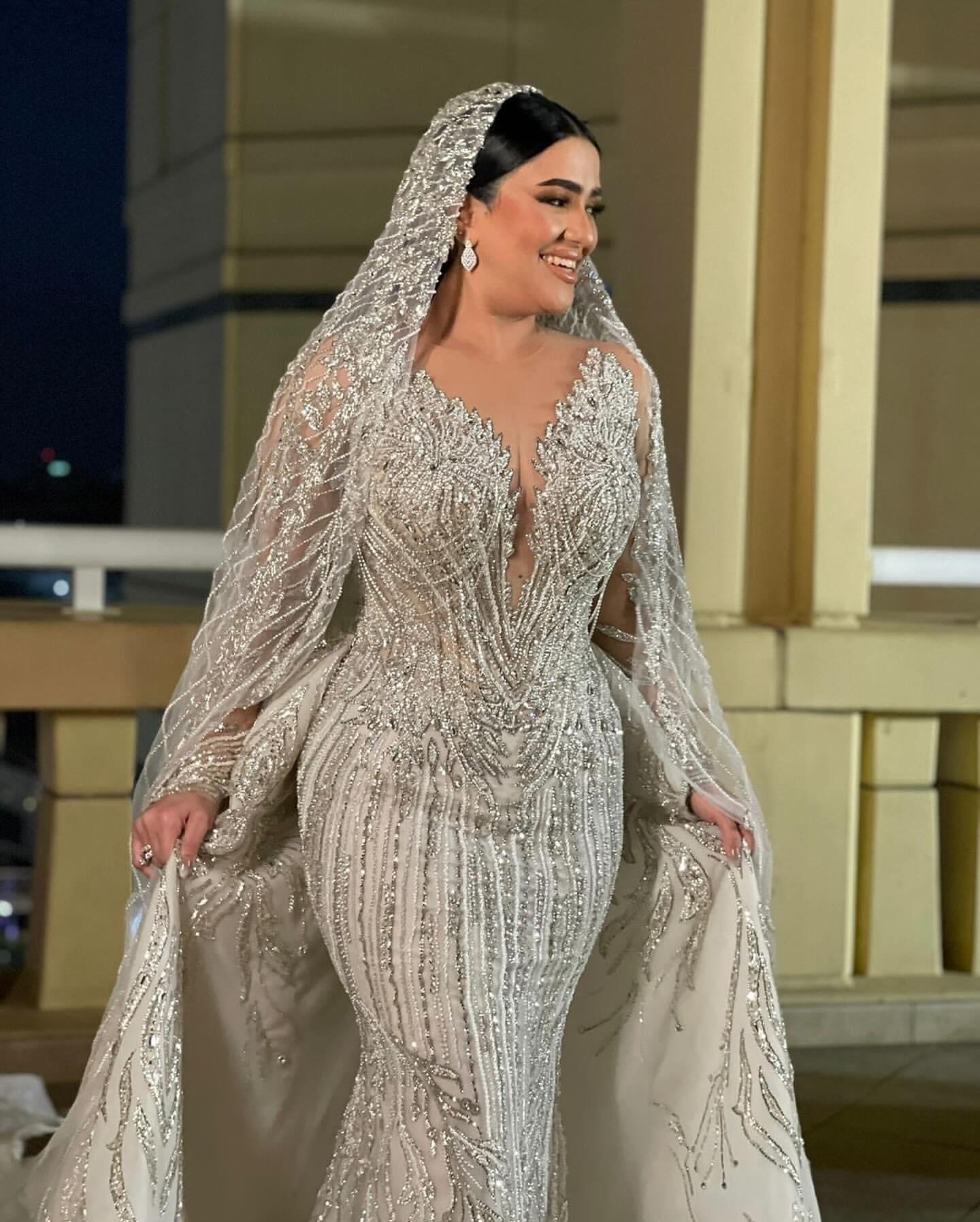 2024 Arabic Aso Ebi Plus Size Arabic Ivory Mermaid Wedding Dress Beaded Crystals Sparkly Bridal Gowns Dresses J222