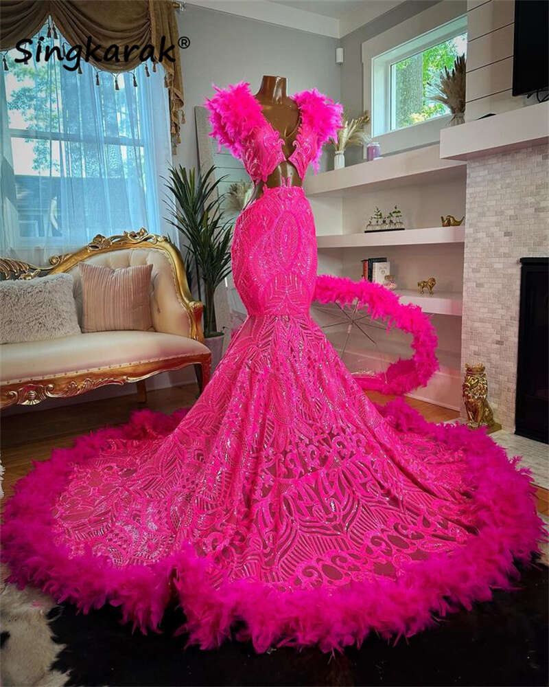 Sexy Sparkly Hot Pink Mermaid Prom Dresses 2023 For Black Girls V-Neck Sequins Feathers Birthday Party Robe De Bal Custom 6660306