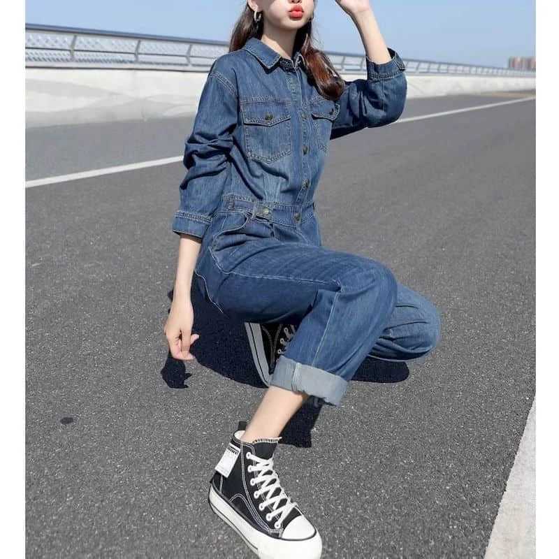 Women's Jumpsuits Rompers Oversized Denim Jumpsuits for Women Blue Denim Long Slved Loose Playsuits High Waist Casual One Piece Outfits Women Ove