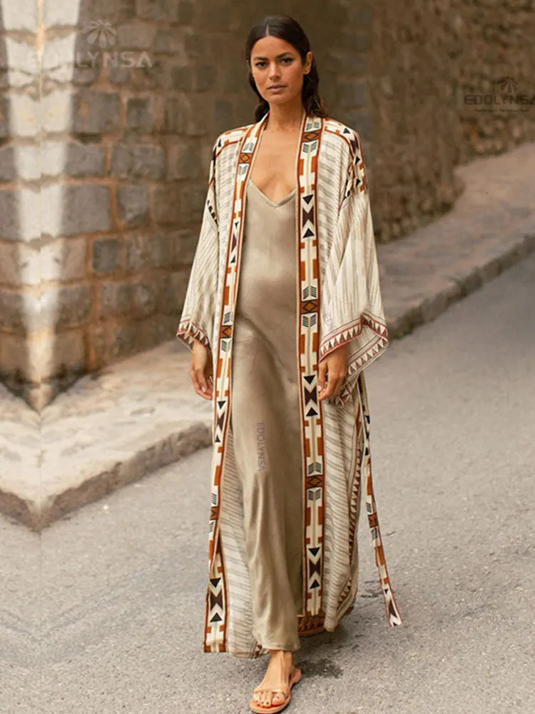 Bohemian Printed Bikini Coverups Elegant Self Belted Kimono Dress Tunic Women Plus Size Beach Wear Swim Suit Cover Up Q1228 240418