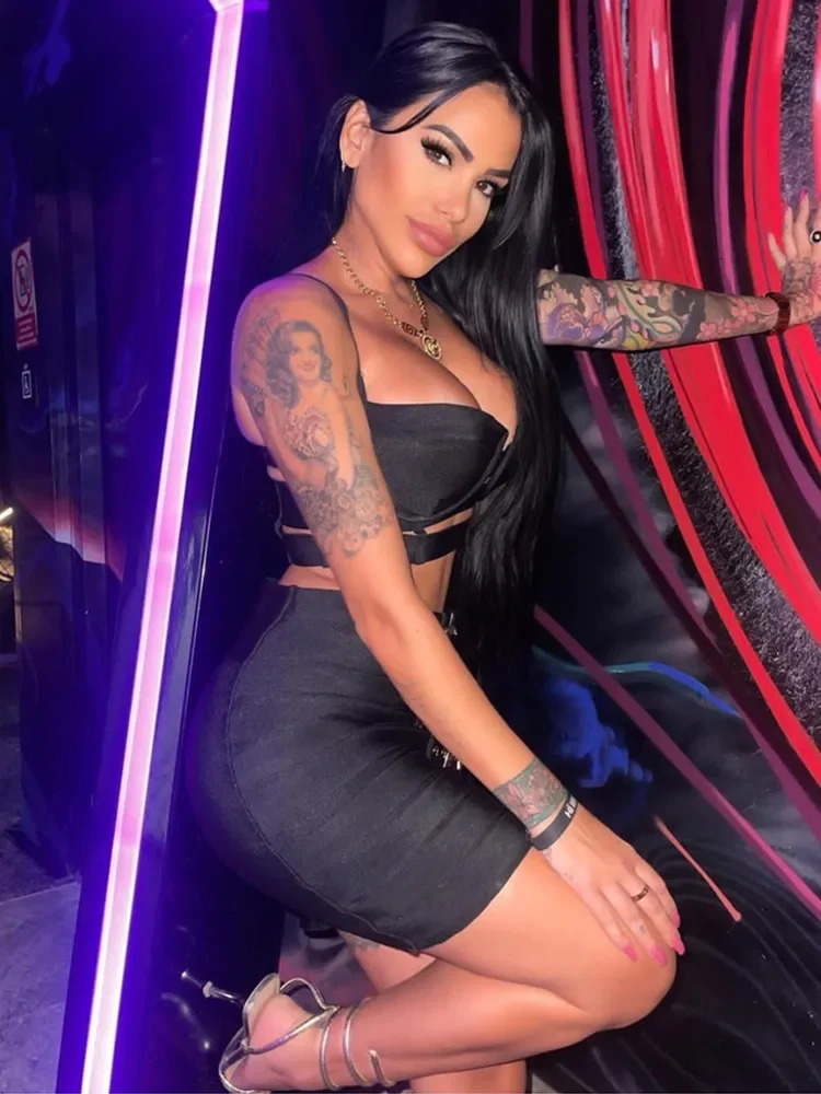 Women Celebrity Sexy Cut Out Mental Black White Mini Bodycon Bandage Skirt Set Elegant Evening Birthday Club Party Outfits 240510wtt