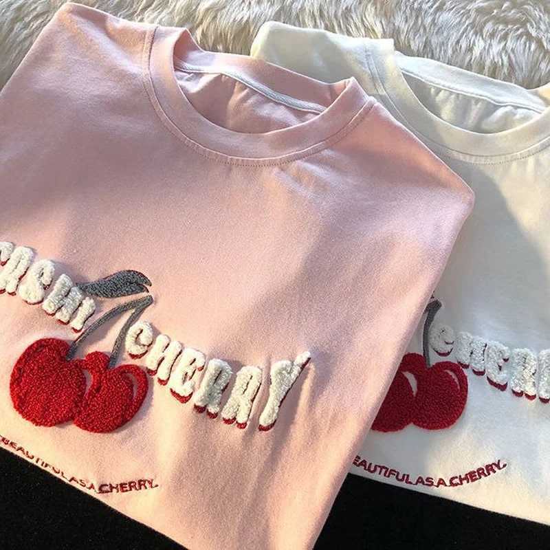 Women's T-Shirt Fashion Korean Brand Chic Flock Cherry Embroidery T Shirts Kawaii Girls Tops 2022 Summer Large 3XL Harajuku Oversized Tns Y240509