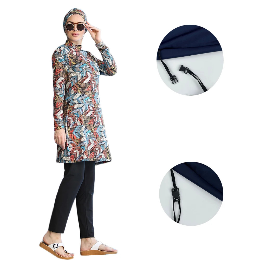 3 PcsSet Muslim Swimsuit Womens Printed Stretch Full Coverup Islamic Clothe Hijab Long Sleeve Sports Swimsuit Swimsuit 240419