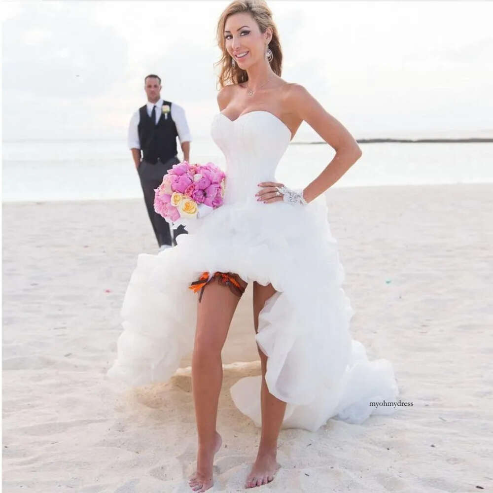 High-Low Hemline Beach Dresses Cascading Ruffles Organza Wedding Gowns Hi-Lo Strapless Vestido Noiva Robe De Mariage 0510