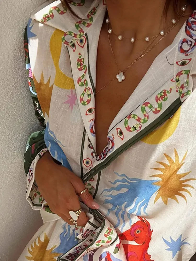 Elegant Printed Pants 2 Piece Set Causal Lapel Sing Breatsed Long Sleeved Elastic Waist Pant Suits Ladies Holiday Beachwear 240510